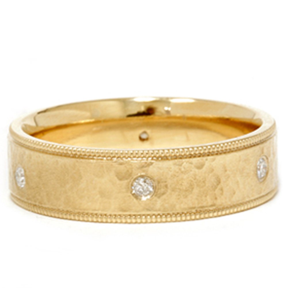 Mens 14K Gold Diamond Hammered Wedding Ring Band New