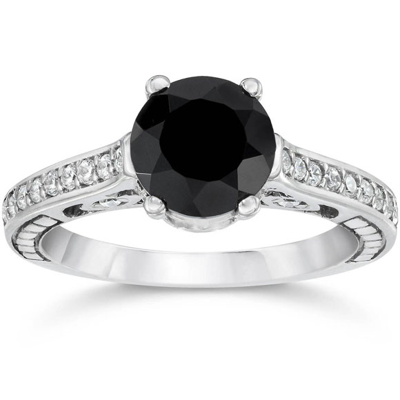 2 5/8ct Vintage Black Diamond Engagement Ring 14K White Gold (G/H, I2)