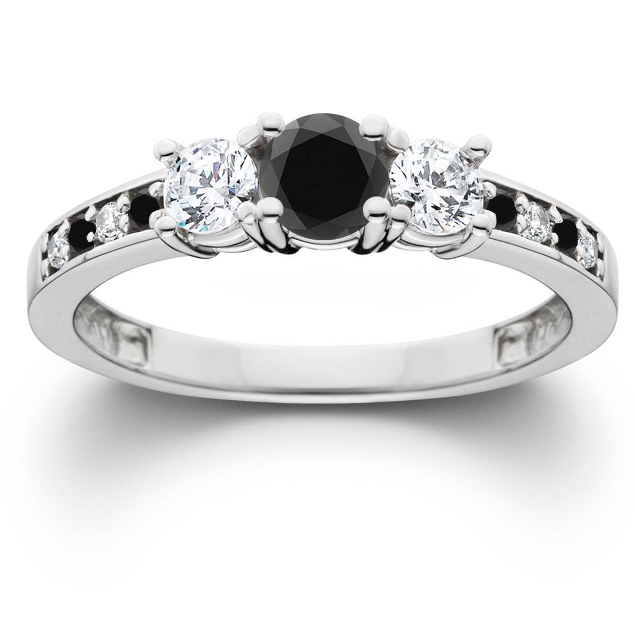 black and white diamond three-stone engagement ring