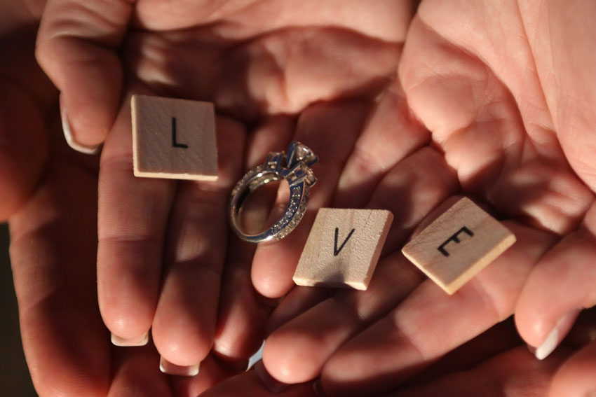wedding rings and 'love' in hands