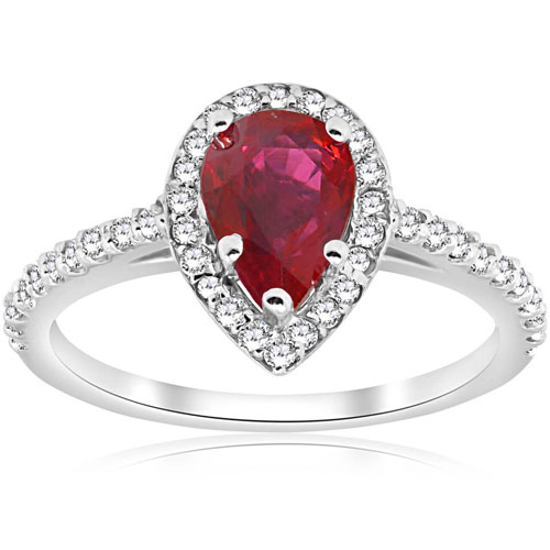 1 1/2ct Pear Shape Ruby & Diamond Halo Ring 14K White Gold (G/H, SI1-SI2)