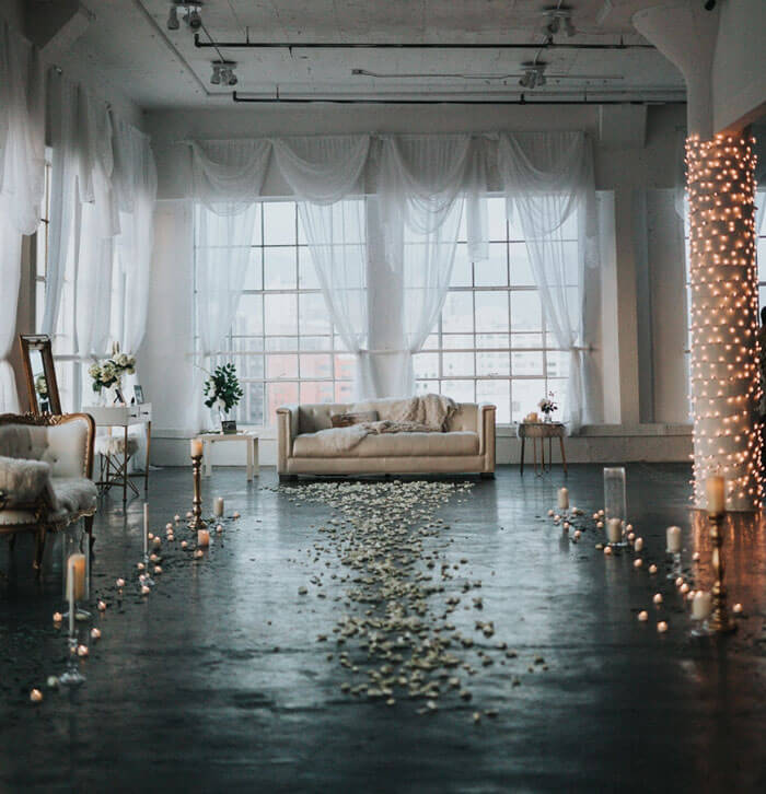 living room full of flower petals