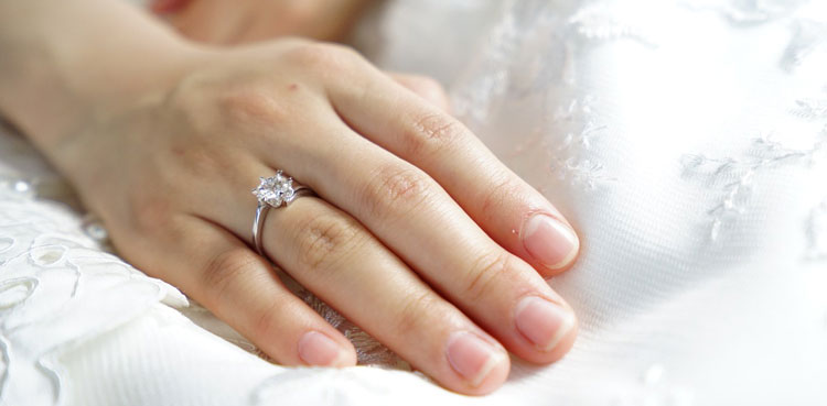 hand wearing single diamond ring on ring finger