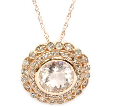 round diamond necklace in morganite setting