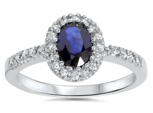 oval blue sapphire halo diamond ring in 14 karat gold