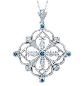 Blue & White Diamond Filigree Vintage Diamond Pendant 14K White Gold (G/H, I1)