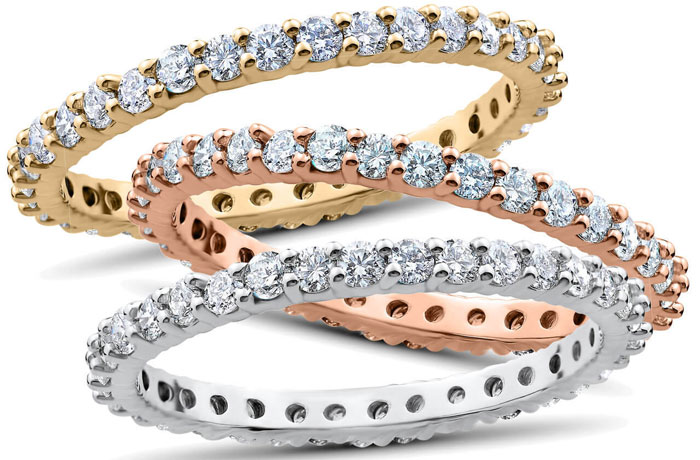 white, yellow, and rose gold infinity diamond rings